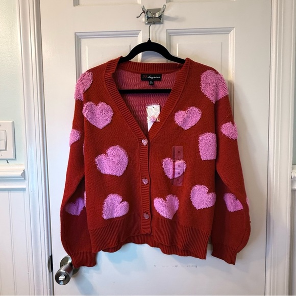 32 Degrees Heart Pattern Cardigan in Red and Pink - Picture 1 of 9